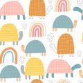 Seamless pattern with cartoon turtles, rainbows, decor elements. Colorful vector flat style for kids. animal theme. hand drawing. Royalty Free Stock Photo